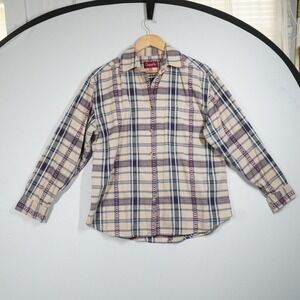 VTG Company One Plaid Heart Embroidered Button Down‎ Shirt Tan Blue L Novelty